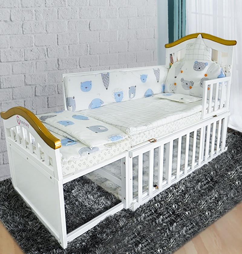 5 in 1 convertible crib converts into toddler bed and junior bed and rocker and much more as needed