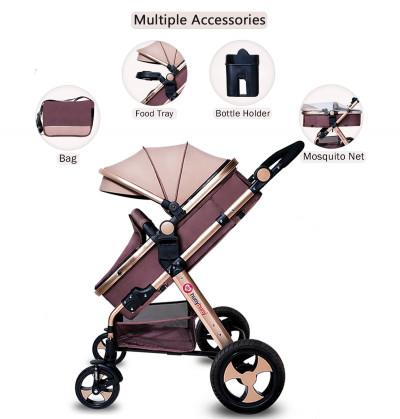 buy pram online with beautiful accessories like mosquito net mom bag food tray