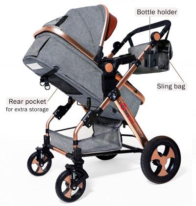 buy Stroller online with mom bag 3 seating position reversible bassinet