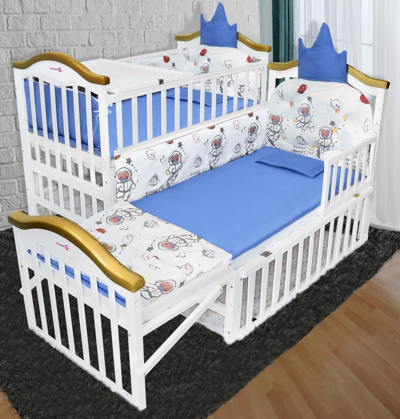 Baby Crib Bed Pinewood 12 in 1 Rocking Cot -Milky White- With Mattress and Mosquito Net & Adjustable Stand