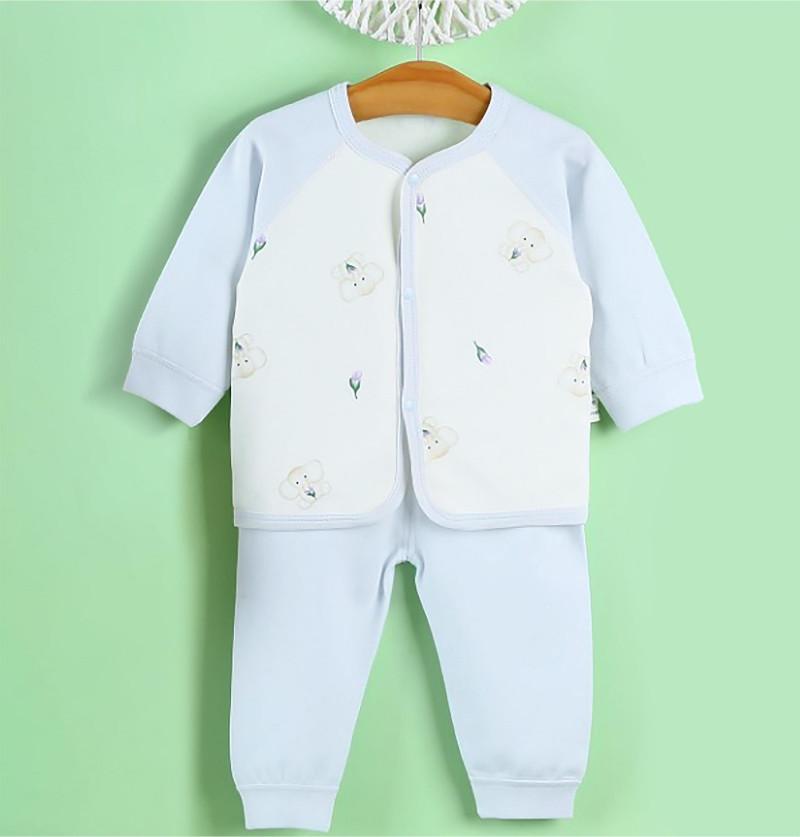 Baby Elephant Full Sleeves Organic Cotton Winter Pant and Shirt Set for Newborn Baby - Blue